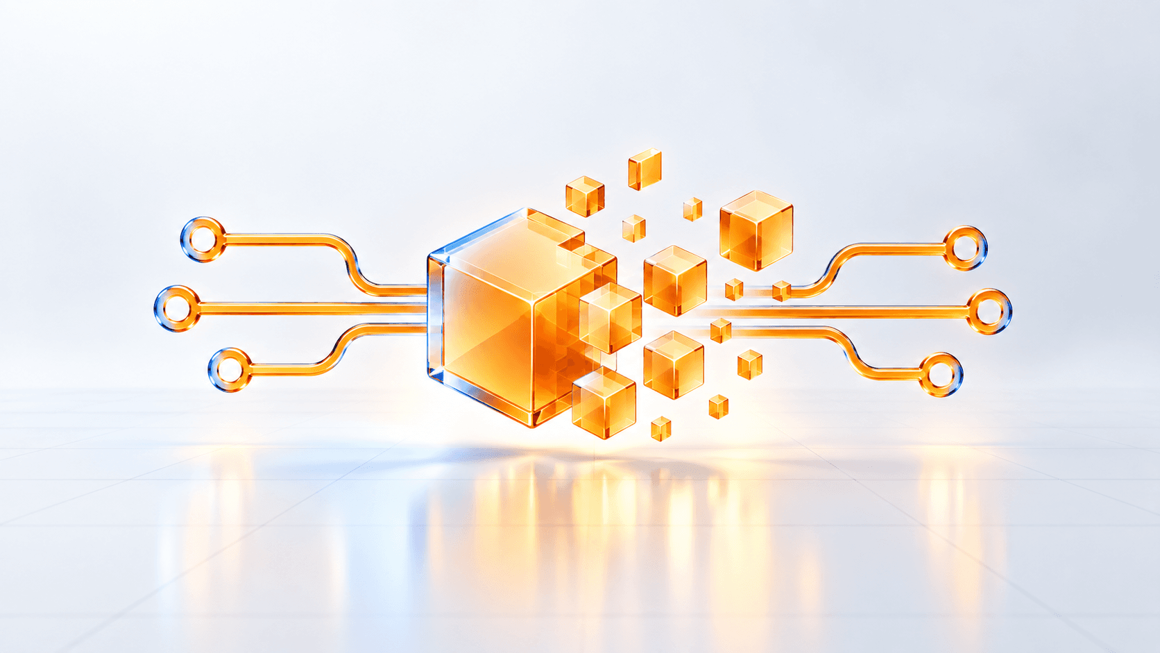 Glowing orange cube and connected fragments on a dark background