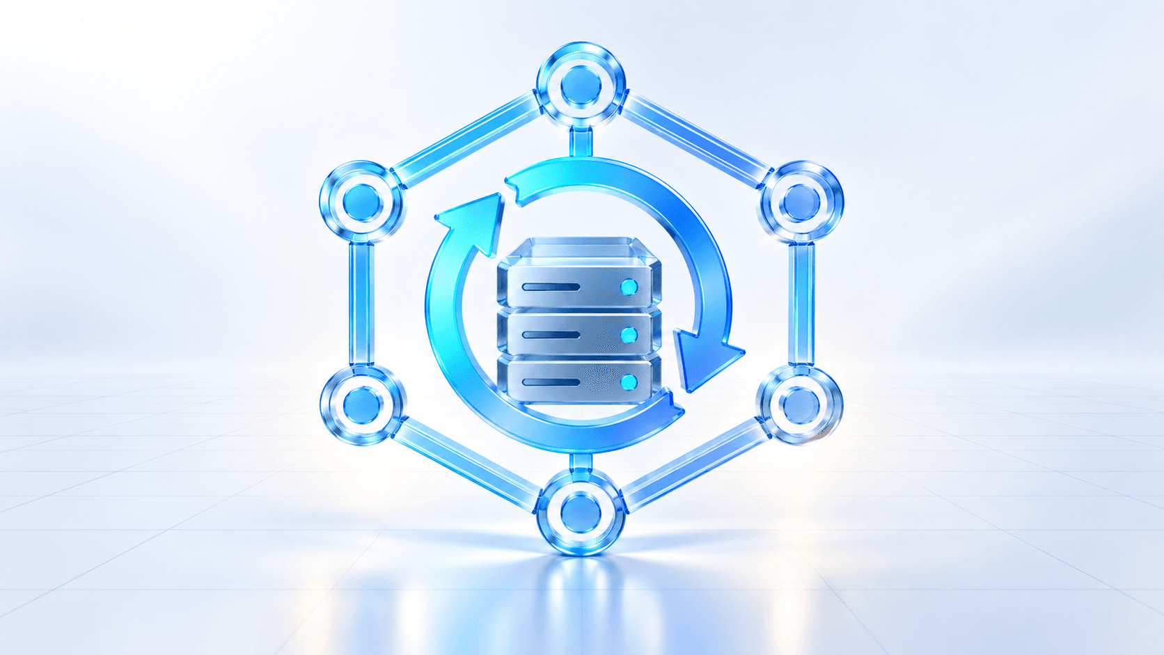 Blue infrastructure icon showing connected nodes around a server and circular deployment arrows